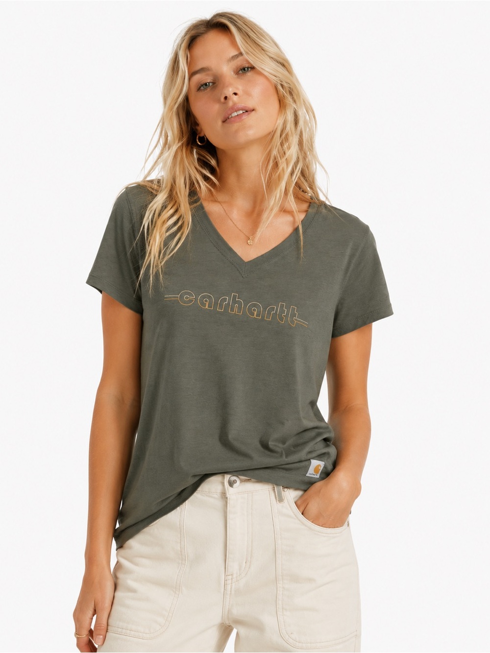 Carhartt Womens XS Olive Tencel V-Neck Tee Relaxed Fit Logo Graphic NWT